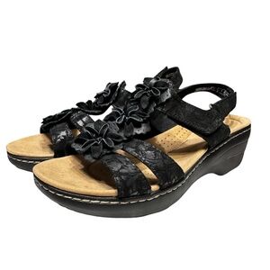 Clarks Merliah Sheryl Black Floral Slingback Wedge Comfort Sandals Size 9.5